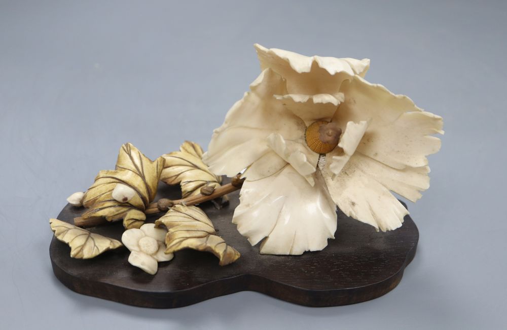 An ivory carving of a flower, width 18cm